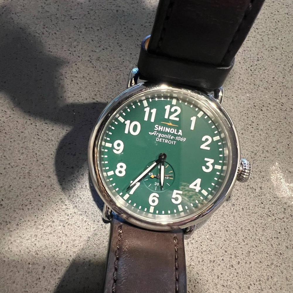 Shinola Silver Case Watch with Green Face and Brown Strap